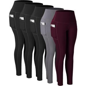 CHRLEISURE Leggings with Pockets for Women, High Waisted Tummy Control Workout Yoga Pants (X-Small, 5 Packs - Black/Black/Black/Grey/Cassis)