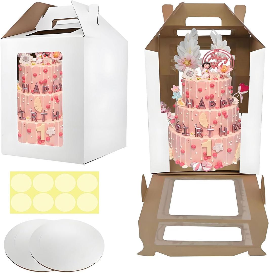 Cake Boxes - 2 Pack Tall Cake Box 10x10x12 Inch Disposable Layer Carrier with Window Large Tierd Cake Out Transport Containers with Handle for Wedding, Birthday, Party(White)