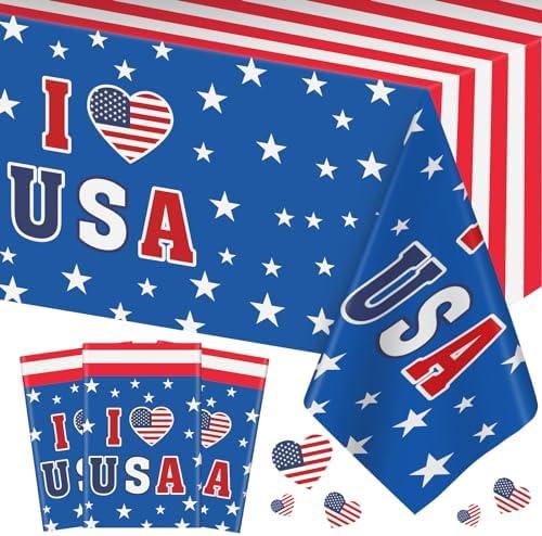 3 Pack 4th of July Tablecloth - I LOVE USA Patriotic Table Cloth, Red White Blue Disposable Plastic American Flag Table Cover for Fourth of July Independence Day Decorations Party Supplies,54x108 Inch