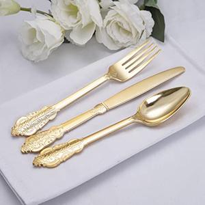 NOCCUR 150PCS Gold Plastic Cutlery Set - Gold Plastic Silverware Disposable - Include 60 Forks, 60 Spoons, 60 Knives - Perfect for Parties & Weddings