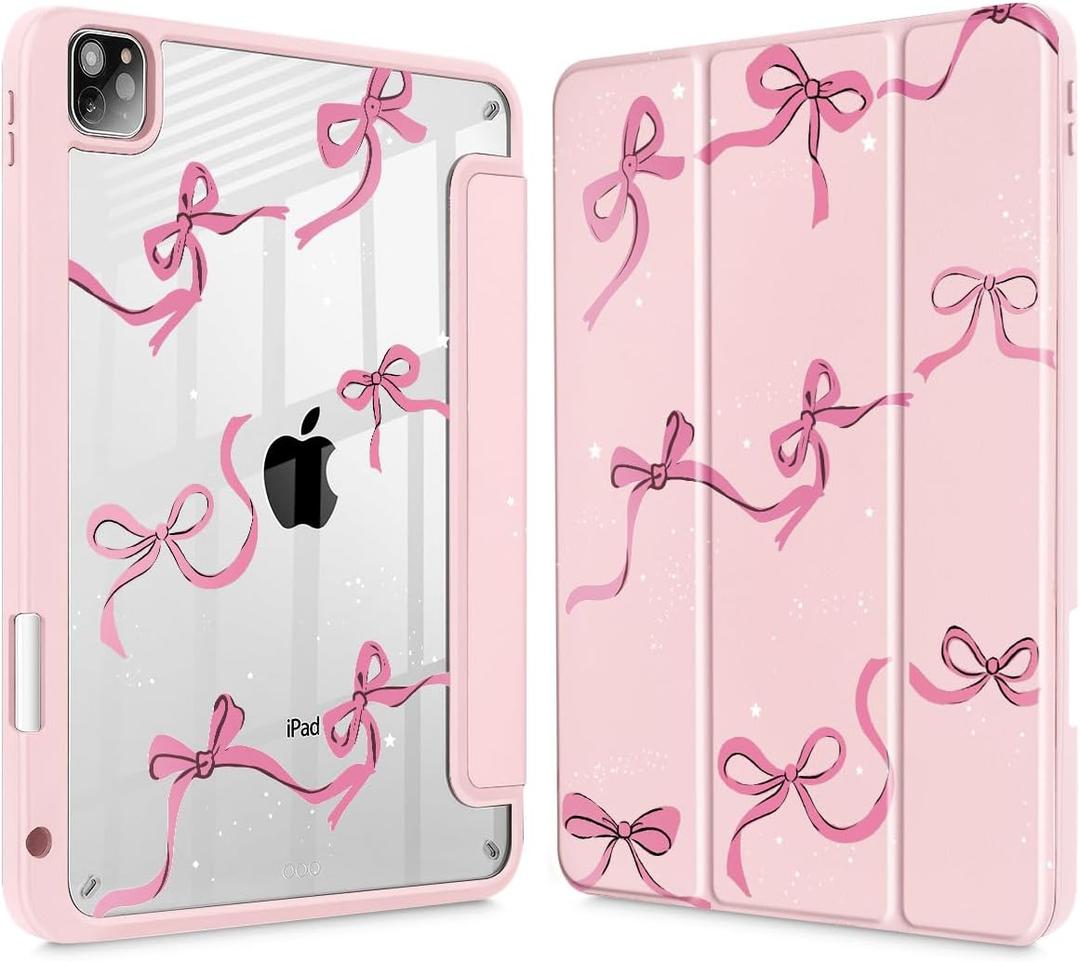 May Chen for iPad Pro 11 inch M2 4th Generation 2022, iPad Pro 11 3rd/2nd/1st Gen, Case with Transparent Shockproof Back Cover [Built-in Pencil Holder, Auto Sleep/Wake, Bows Pink