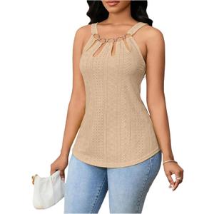WDIRARA Women's Cut Out Sleeveless Tops Eyelet O Ring Linked Going Out Tank Top (Beige, S)