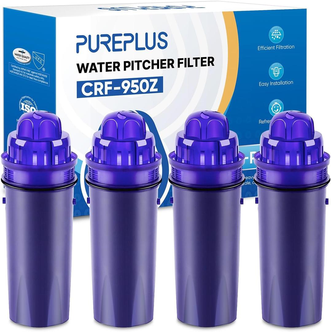 PUREPLUS CRF950Z Pitcher Water Filter Replacement for Pur PPF900Z, PPF951K, PPT700W, CR-1100C, DS-1800Z, CR-6000C, PPT711W, PPT711, PPT710W, PPT111W, PPT111R and All PUR Pitchers and Dispensers, 4PACK