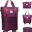 Expandable Foldable Duffel Bag with Detachable Rolling Wheels, Large Carry-On Luggage for Travel, Gym, Camping, Shopping, Business Trip (Purple)