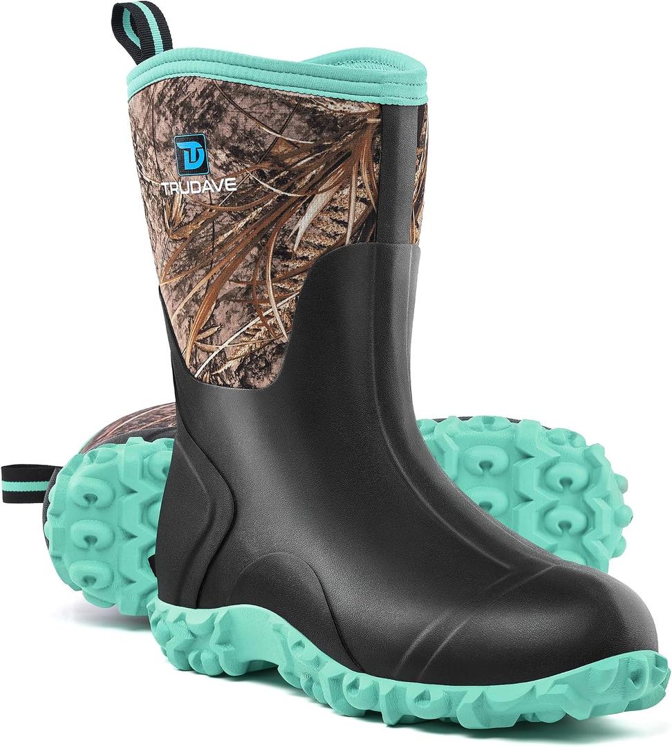 Trudave Rubber Boots for Women with Steel Shank, 6mm Neoprene Mid Calf Rain Boots, Waterproof Insulated Mud Work Boots All Season, Size 8