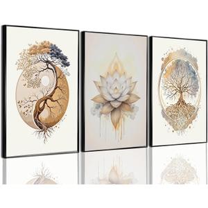 3PCS Tree of Life Cnavas spiritual Wall Art Boho Sacred Geometry Posters Print Art Lotus Zen Pictures Wall Decor Abstract Yin Yang Fall feng Shui Artwork for Living Room Yoga Room Bedroom Home Decoration ( Poster No Frame)