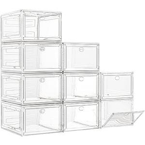 7 code Large Clear Shoe Boxes Organizer【Thicker Material】 Stronger Shoe Box with Magnetic Door, Stackable Shoe Storage Box for Closet, Foldable Space-Saving Storage Bins Shoe Cabinet, White 9 Pack