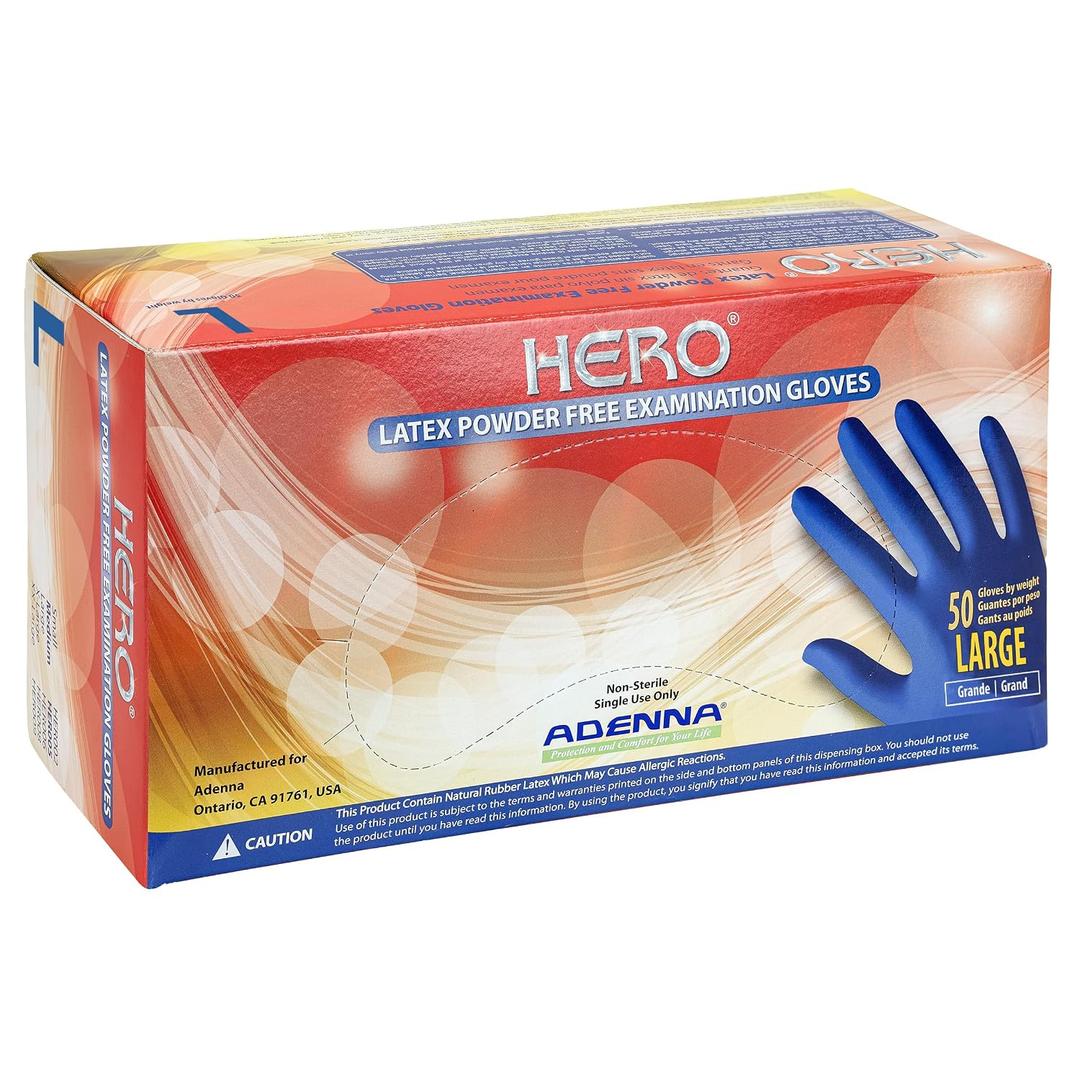 Adenna HERO Disposable Latex Gloves - 14 Mil, NFPA-Approved Heavy Duty Glove with 12" Extended Cuff & Micro-Textured Grip, Exam Grade, Powder Free, Pack of 50, Large, Blue (L)