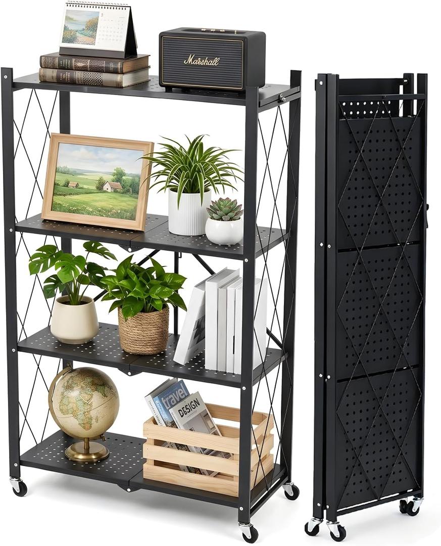 COKIHOM 4 Tier Foldable Storage Shelf, Large Capacity Metal Shelf Rack, Rolling Bookshelf with Wheels, Wire Shelf Organizer for Kitchen, Pantry, Office, Garage, Basement, Black