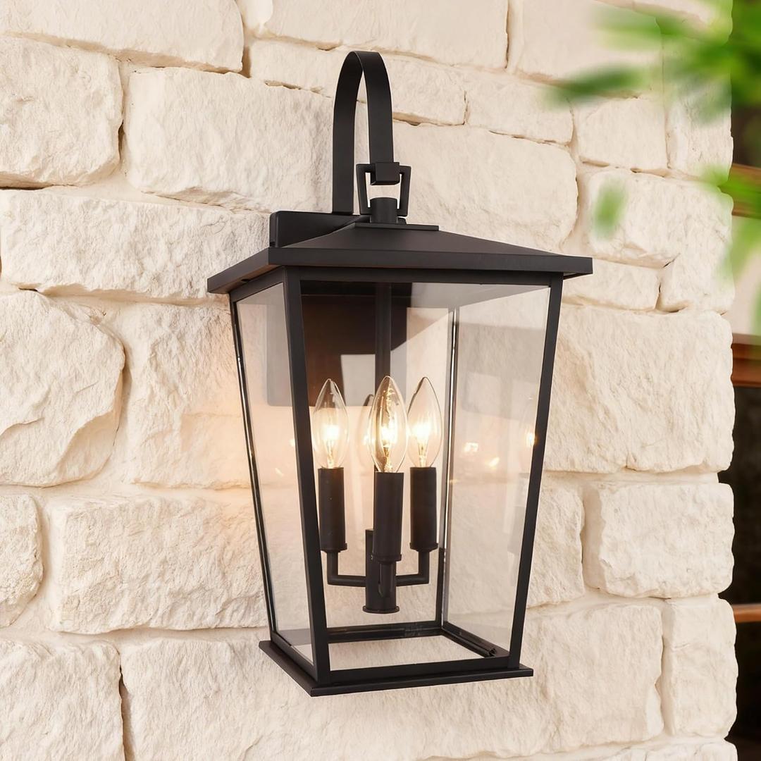 Kalium Modern Outdoor Wall Sconce Fixture 20 1/2", Matte Black, 3-Light Exterior Wall Mount Lighting with Clear Glass Panels for House Porch Patio Outside Deck Garage Yard Front Door Garden Home, 9.75*10.5*20.25 in