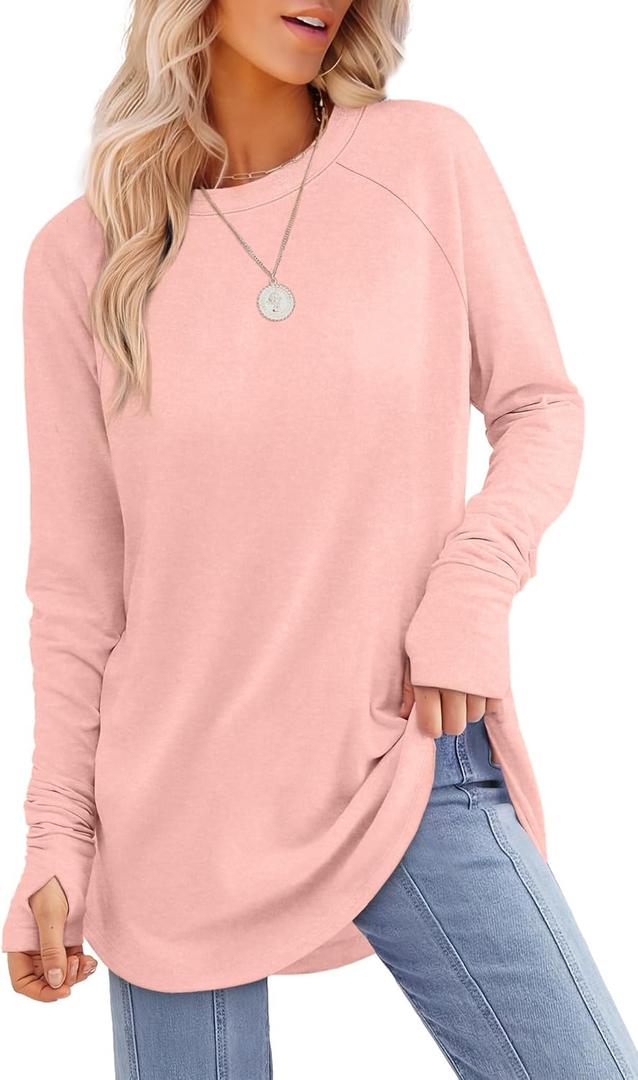 XIEERDUO Womens Tunic Tops to Wear with Leggings Long Sleeve Thumb Hole Shirts Crew Neck Curved Hem, Light Pink (3X-Large)