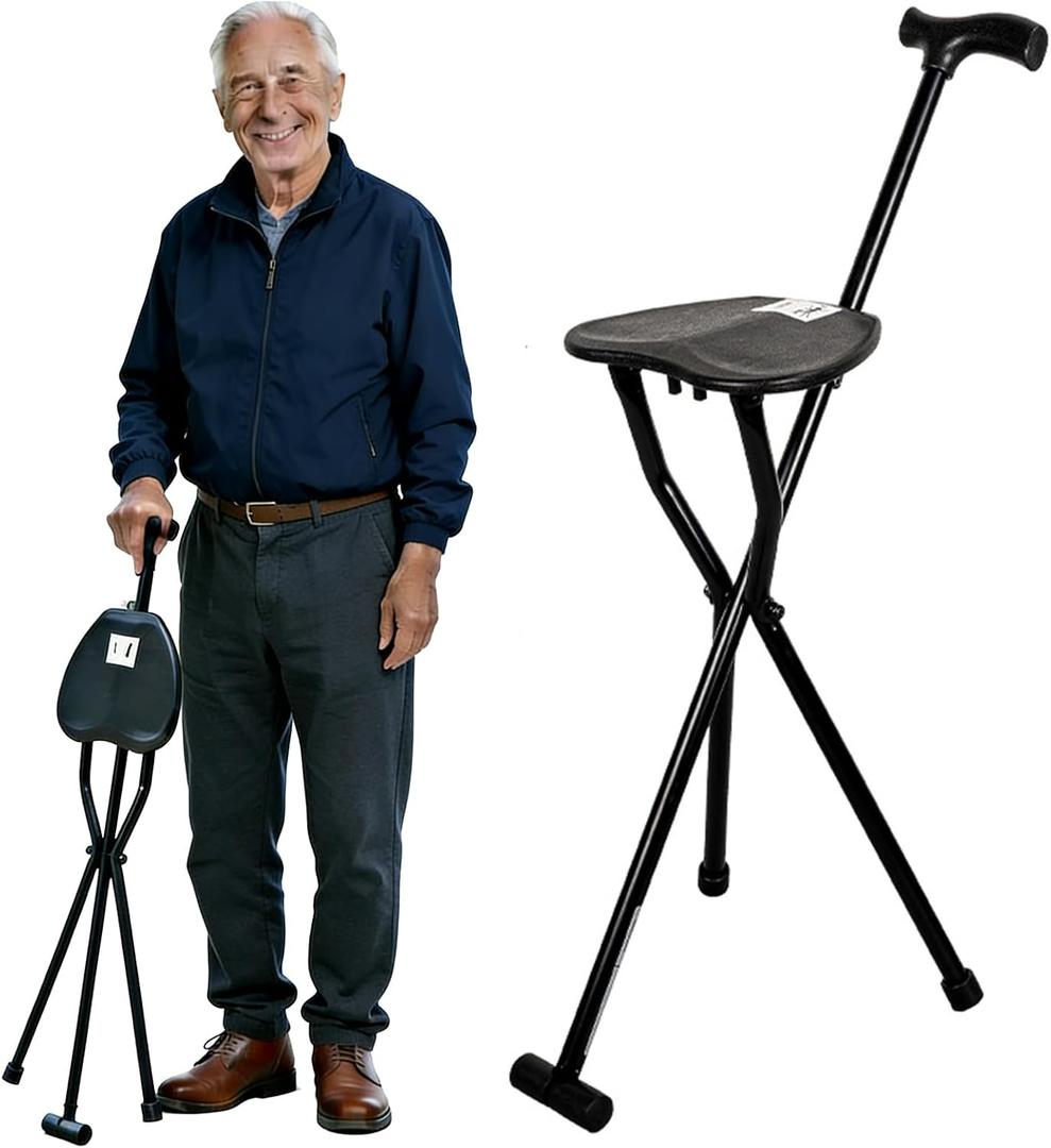 300-Pound Capacity Folding Cane with Seat, Adjustable Seat & Cane Height, Portable, Non-Slip Pads, Suitable for Middle-Aged & Senior Users, Daily Walking, Waiting in Line & Travel