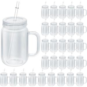 Vesici 30 Pcs 16 oz Clear Plastic Mason Jars Bulk with Handles Wide Mouth Drinking Mug with Lids and Straws Shatterproof Drinking Jars for Coffee Milk Tea and Beverages(Clear)