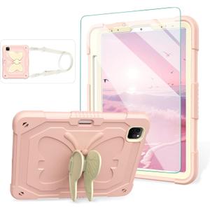 for iPad Air 5th Generation Case iPad Pro 11 inch Case 4th 3rd for Kids Girls with Screen Protector, Butterfly Kickstand, Shoulder Strap, Pencil Holder Cover for iPad Air 4th Gen 10.9'' Pink