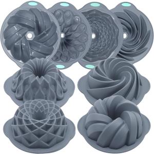Tongjude 4 Pieces Silicone Fluted Cake Pans, 6/7/8 Cups Tube Baking Pan, Non-Stick Kitchen Oven Baking Pans, Silicone Molds for Homemade Cake, Bread and Jello, Grey