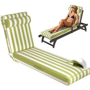 Chaise Lounge Cushions Outdoor 80x26x4 Inch, Patio Lounge Chair Cushions w/High Density Foam, 4 Inch Pool Lounger Cushion w/Removable Cover Handles, Fits Poolside Patio Outdoor Furniture, Greenstripe