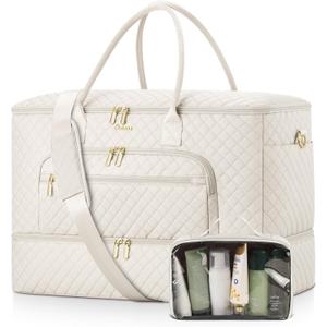 Travel Duffle Bag, Wide Open Large Weekender Bag for Women with Shoe Compartment, Carry on Overnight Bags with Toiletry Bag, Hospital Bag for Women Labor Delivery with Wet Pocket (Cream) (45L)