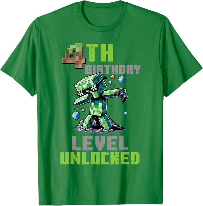 4th Birthday Level Unlocked Pixel Dab 4 Bday Gamer Boys Kids T-Shirt (Green, XS)