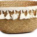 Tassel Macrame Woven Seagrass Belly Basket for Storage, Decoration, Laundry, Picnic, Plant Basin Cover, Groceries and Toy Storage (Medium, Tassel)