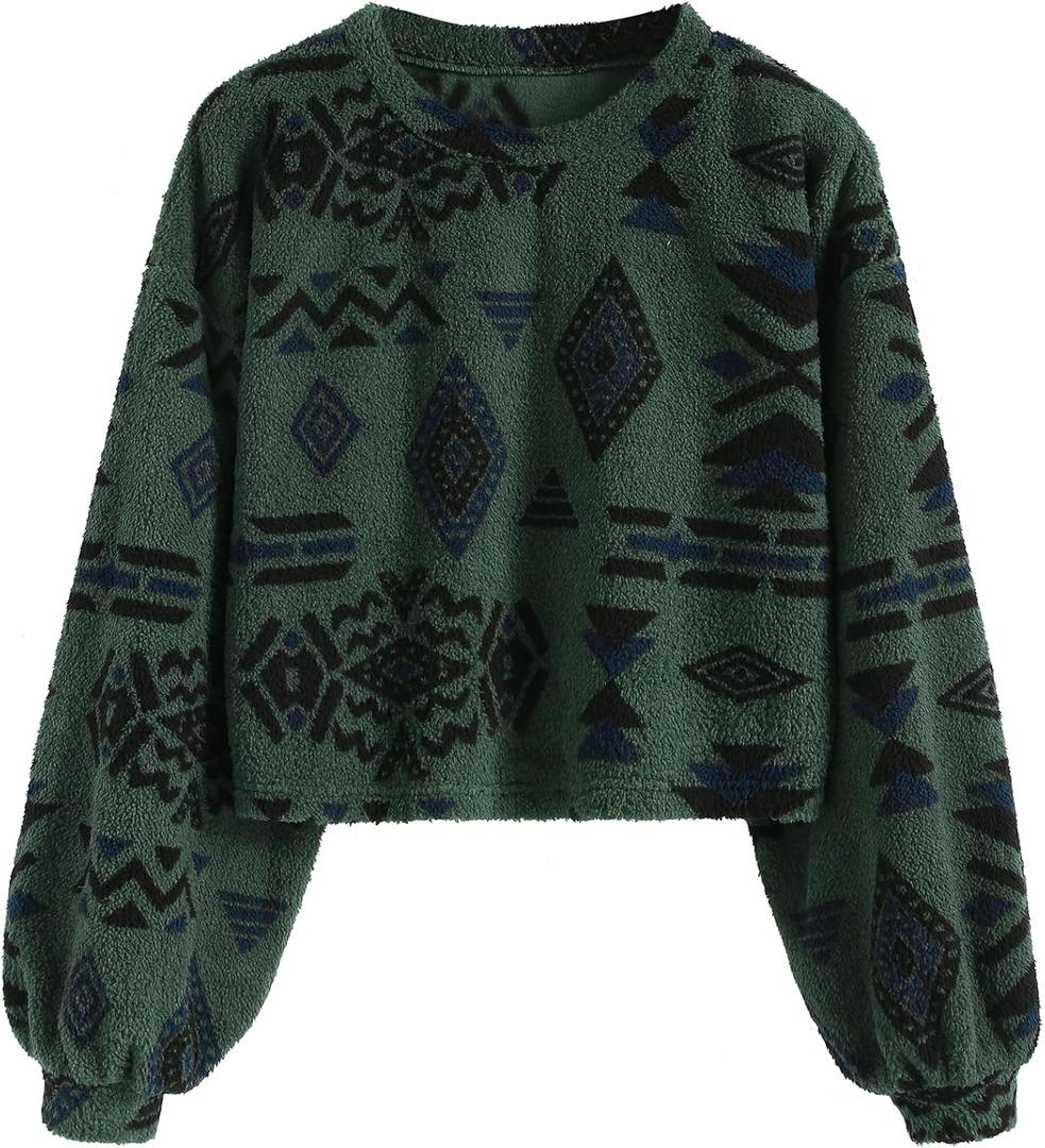 ZAFUL Women's Tribal Ethnic Graphic Cropped Knitwear Bohemian Long Sleeve Pullover Sweater Boho Drop Shoulder Knitted Top (Medium, Green)