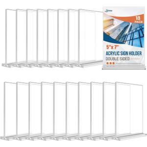 Dynta 18 Pack Acrylic Sign Holder 5x7 Inches Clear Picture Frame Vertical Table Double Sided Menu Flyer Holder T Shape Plastic Display Stand for Office Restaurant Store Wedding Party