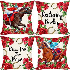 Linen Kentucky Pillow Covers 18x18 Set of 4 Run for The Roses Pillow Case Horse Race Decorations Horseshoe Horse Game Bed Couch Sofa Pillow Car Chair Pillow