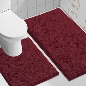 Smiry Bathroom Rugs Set 2 Piece, Soft Absorbent Chenille Bath Mat and U-Shaped Toilet Rug Set, Non Slip Shaggy Bath Carpet for Tub, Shower and Floor (30x20+24x20, Burgundy)