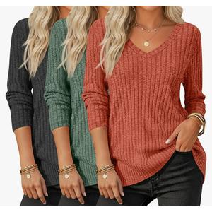 3 Pack Women's Long Sleeve Sweaters V Neck Curved Hem Tunic Tops Loose Fit Casual Basic Fall Sweaters Shirts (XL, Dark Gray, Green, Caramel)