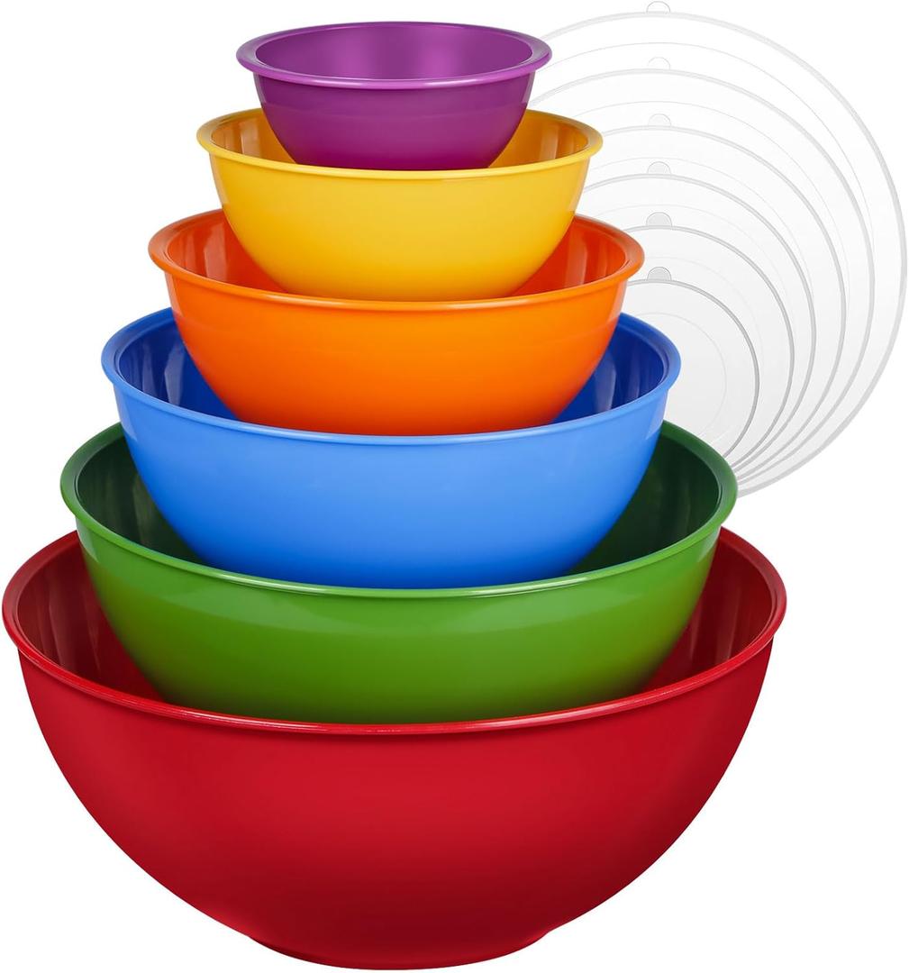 6Piece Plastic Mixing Bowl Set with Lids for Kitchen, Nesting Storage Bowls for Baking, Prepping,Cooking and Serving Food, Dishwasher, Microwave Safe,Great for Mixing & Serving(6 SetRed)