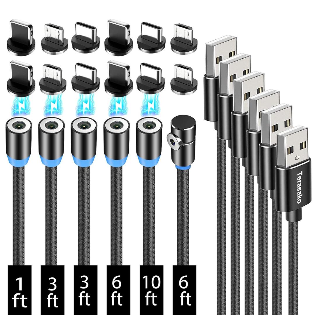 Terasako Magnetic Charging Cable 6-Pack [1ft/3ft/3ft/6ft/6ft/10ft], 3 in 1 Nylon Braided Magnetic Phone Charger, Compatible with Micro USB, Type C, iProduct and Most Devices