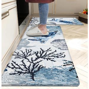 Coastal Beach Kitchen Floor Mat Rugs Nautical Decorative Coral Sea Turtle Kitchen Rugs Anti Fatigue Mats Non-Slip Comfort Standing Cushioned for Kitchen 17.3" 28" + 17.3" x 47" Set 2 Pcs Navy Blue