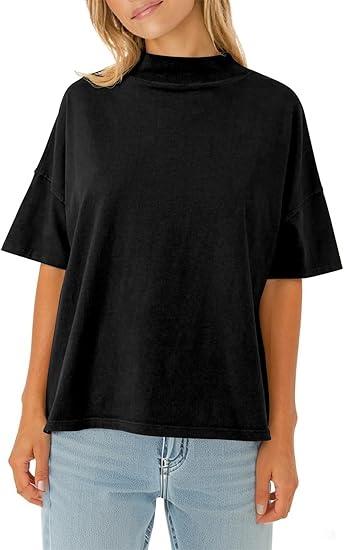 OneWhoYoung Womens Casual T-Shirts Summer V Neck Short Sleeve Loose Tees Tops Summer Basic T-Shirts(Black,XX-Large)