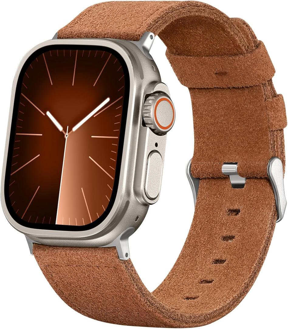 Bandsie Leather Band Compatible with Apple Watch Ultra 3/Ultra 2/Ultra Band 49mm 46mm 45mm 44mm 42mm for Men, Vintage Genuine Suede Leather Wristband Strap for iWatch Series 11 10 9 8 7 6 5 4 SE 3 2 1 (Brown)