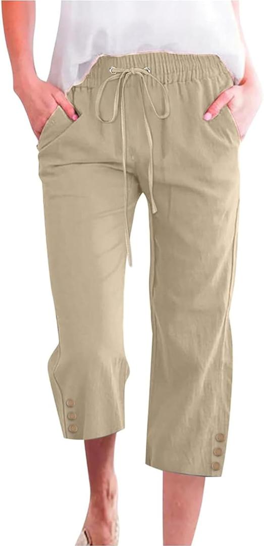 Schine Women Cozy Capri Pants Lightweight High Waist Elastic Drawstring Pants with Pockets Loose Button Trim Cropped Trousers (Beige, XXL)