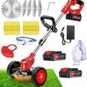 Cordless Weed Wacker, Electric Grass Trimmer 21V 2.0Ah Battery Powered Weed Trimmer, 3 in 1 Stringless Lightweight Brush Cutter/Edger/Mower with 4 Types Blade & Wheels for Garden and Yard Lawn