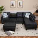 Trygoal L-Shaped Sectional Sofa with Movable Chaise & Storage Ottoman, Leather 3-Piece Modular Convertible Couches for Living Room, Apartment & Office, Black