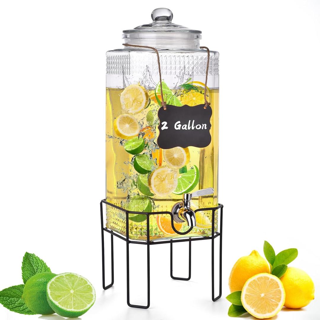 2 Gallon Glass Drink Dispenser, Drink Dispensers for Parties, Beverage Dispenser with Stand and Glass Lid, 100% Leakproof Spigot, Ideal for Lemonade, Juice, Iced Tea, Laundry Detergent Dispenser