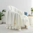 White Pom Pom Throw Blanket for Couch, 60"X80" Soft Lightweight Knitted Farmhouse Decorative Blankets for Bed and Sofa