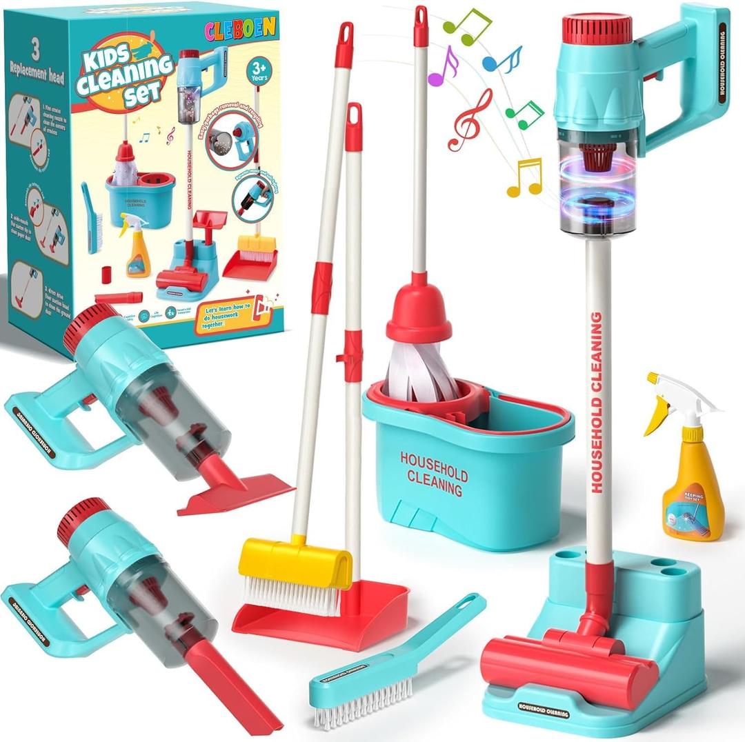 Kids Cleaning Toy Set for Toddlers with 3-in-1 Vacuum That Really Works, Mop & Broom Set & Pretend Play Household Cleaning Tools, Christmas Birthday Gift for Kids Toddlers Boys Girls Ages 3-5-8+