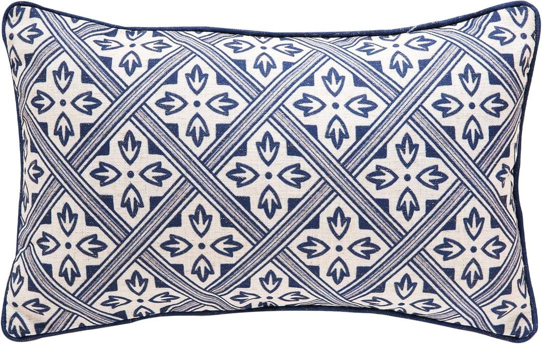 patdrea Designer Throw Pillow Covers,Chinoiserie Blue Elegant Linen with Striped Floral Pattern Pillow Cover,Decorative Lumbar Pillowcases Cushion for Bed Living Room Outdoor Car,12"x20"