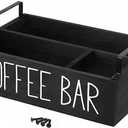 Coffee Bar Organizer Caddy, Black Wood, 3 Compartments, 11.8x7.8x3.1 Inches, Kitchen Counter Storage