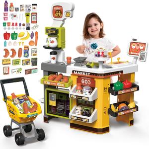 deAO Grocery Store Playset with Kids Shopping Cart,66 PCS Supermarket Toy, Child-size