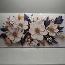 White Flower Wall Decor for Living Room - Modern Blue White and Gold Wall Art Bedroom - Black Framed Wall Art Size 24" x 48"