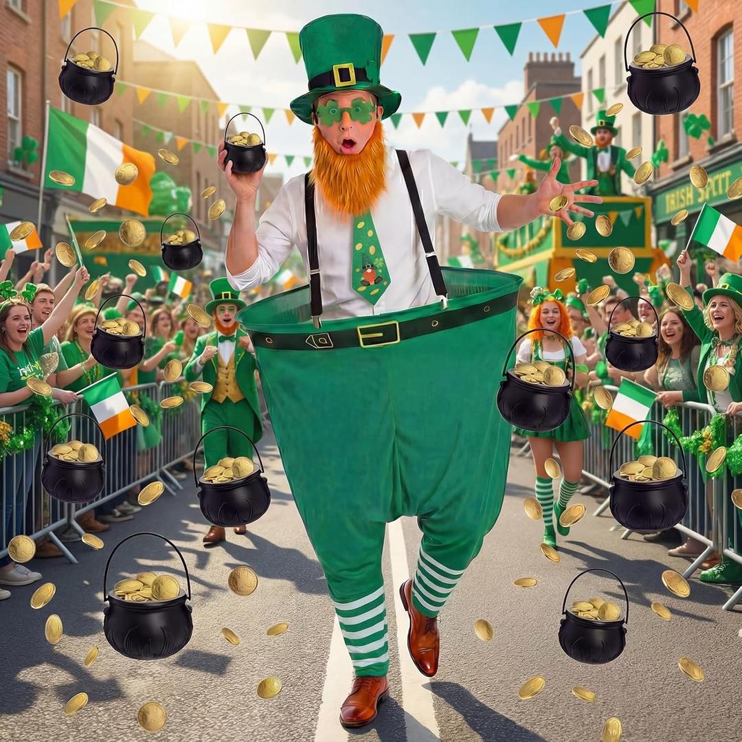 Skicuff St. Patrick's Day Yard Game for Adults, Giant Leprechaun Granny Pants Set with Hat Beard Gold Coins Cauldron, Funny Irish Party Games for Family Outdoor Lawn