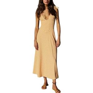 MISSACTIVER Striped Smocked Flowy Midi Dress for Women Summer Sleeveless V Neck Tie Straps Backless Beach Long Dresses Yellow S