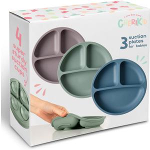 ChriKid Toddler Plates - FEATURES SUPER STRONG QUADRUPLE SUCTION - 100% Food Grade Silicone Baby Plates with Suction - Unbreakable Divided Kids Plates, Baby Essentials Dishes, Matt Grey, Green & Blue