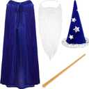 Ramede 4 Pcs Wizard Costume Include Wizard Hat Cloak Beard and Wand for Halloween Party Costume, 47.2"