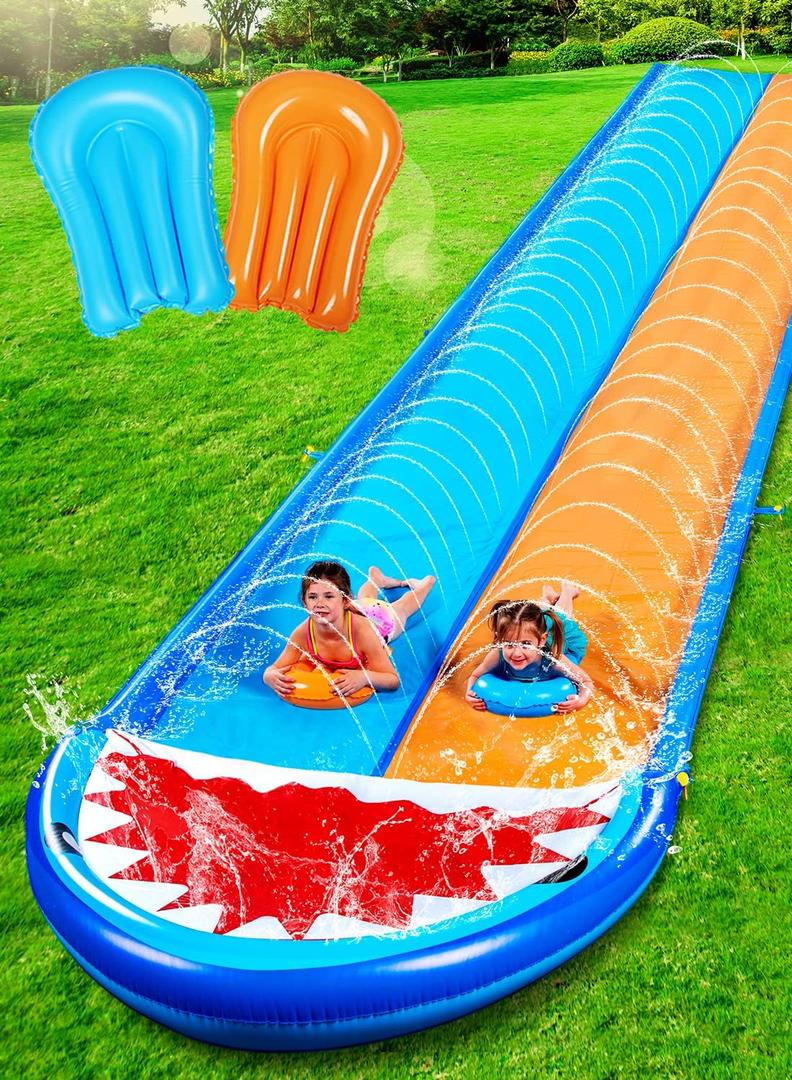 Sloosh Shark Double Water Slide, 22.5ft Heavy Duty Lawn Water Slip with Sprinkler Slide and 2 Slip Inflatable Boards for Party Summer Yard Lawn Outdoor Play Activities