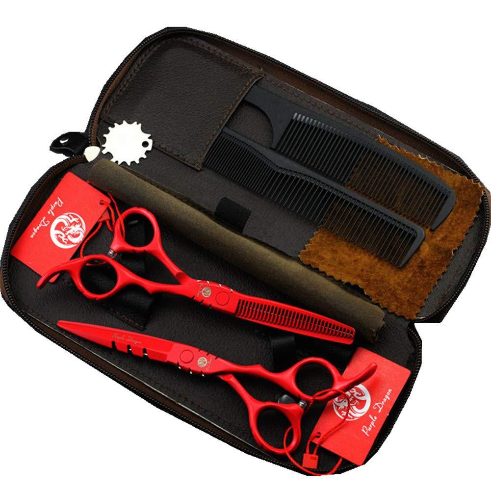 Purple Dragon Professional Japan 440C Hair Salon Cutting Shear and Barber Thinning Scissor Hairdressing Shear Set with Bag (6 inches, Red)