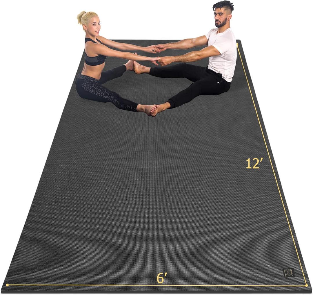 GXMMAT Large Yoga Mat 12'x6'/10'x6'/6'x8'(7mm), Extra Thick Workout Mats for Home Gym Flooring, Ultra Comfortable Non-Slip Quick Resilient Barefoot Wide Exercise Mat for Pilates, Stretching,Meditation (Black Real)